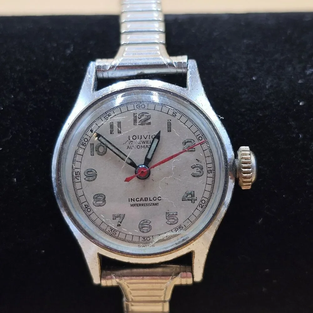 LOUVIC 17 Jewel Manual Wind Vtg Military Watch On Speidel 10k GF Band Runs Great